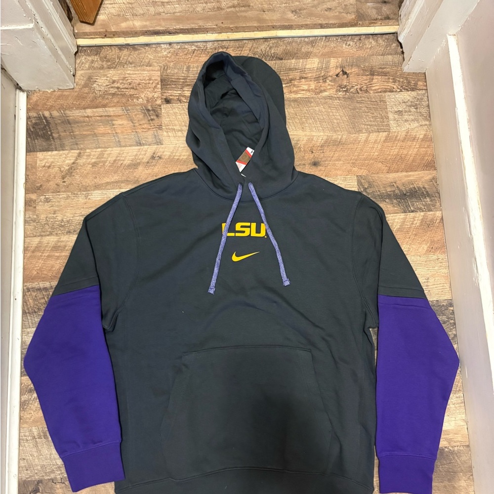 Nike LSU Black Pullover Hoodie with Purple Sleeves and Yellow Logo